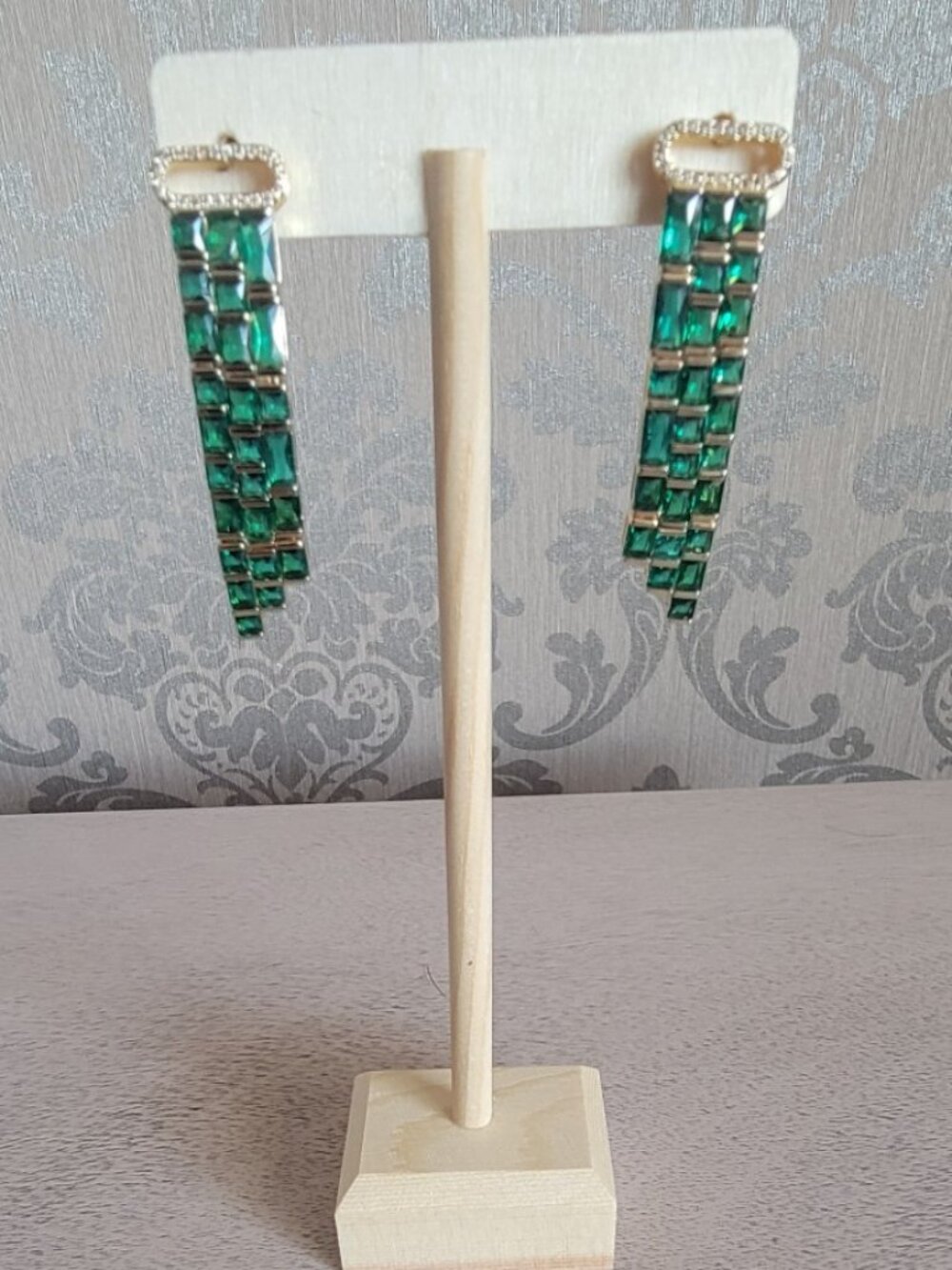 Green Glass and Simulated Diamond Earrings in Gold Tone
